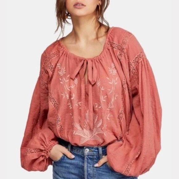 Free People Tops - Free People Dusty Rose Maria Maria Lace‎ Peasant Blouse with Embroidery - SZ M